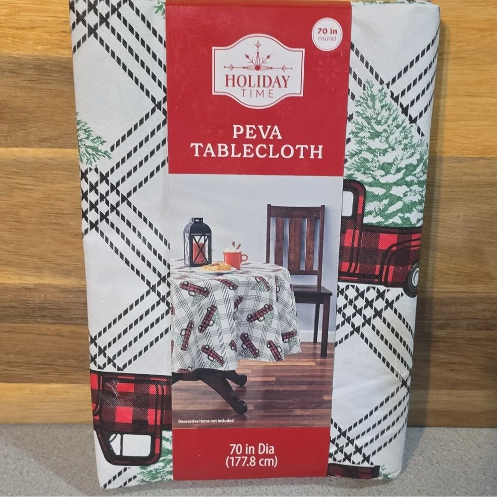 Two Holiday Time Buffalo Plaid Round Tablecloth 70 in Red/Black, Peva Red Truck